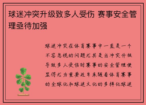 球迷冲突升级致多人受伤 赛事安全管理亟待加强