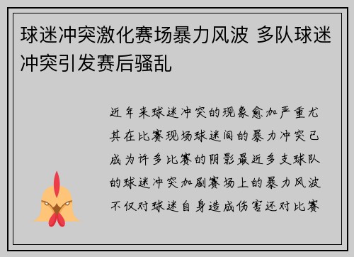 球迷冲突激化赛场暴力风波 多队球迷冲突引发赛后骚乱